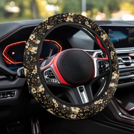 Quelytytrip Bee Floral Print Anti-Slip Steering Wheel Cover,Universal 15 Inch for Women Girls,Fit Vehicles,Sedans,SUVs