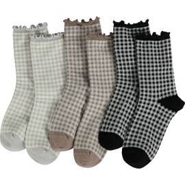 BomKinta Checkered Ruffle Socks Women - Cute Plaid Frilly Sock - Casual Crew Cotton Socks Size 5-10 Black Black Khaki Khaki Grey Grey 6 Pairs Size 5-9