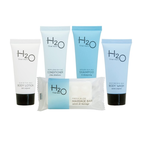 H2O Therapy Hotel Soaps and Toiletries Bulk Set | 1-Shoppe All-In-Kit Amenities for Hotels & Airbnb | .85oz Hotel Shampoo & Conditioner, Body Wash, Body Lotion & 1 oz Bar Soap Travel Size | 150 Pieces