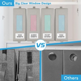 Baesyhom 3 Pcs Bed Sheet Organizers and Storage, Large Size Sheet Set Organizers (Queen & King) Duvet Covers Blanket Storage for Linen Closet with Handle, Zipper, Label and Clear Window, Grey