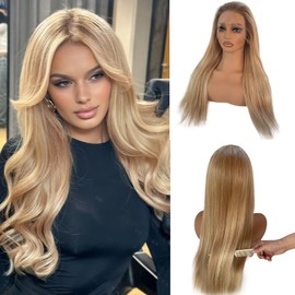 Ash Blonde Lace Front Wig Human Hair 180% Density, 13x4 Silky Straight Mini Knots HD Invisible Lace Wig for Women Glueless Blonde with Brown Highlights Wigs 26 Inch Brazilian Free Part Frontal Wigs