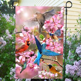 Anley Bandera Decorativa de jardín de Primavera de Doble Cara, Banderas de jardín de Bienvenida de Flores y pájaros - Resistente a la Intemperie y Doble Costura - 18 x 12.5 Pulgadas