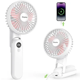 EasyAcc Portable Handheld Fan, Portable Fan for Travel [Ultra Quiet Powerful] 5 Speed Backup Power Digital Display Lanyard Foldable Fan Rechargeable 2600 Battery Hot Flashes Gift Outdoor Pink Blades