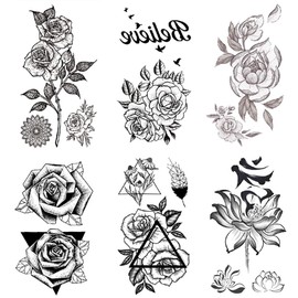 Yesallwas Tattoo Stickers, Roses, Black, Roses, Flowers, Set of 6, Tattoo Stickers, Realistic, Waterproof, Long Lasting, Tattoo Stickers, Body Stickers, Men's, Women's, Black, Rose Flower Temporary Tattoos, 2.4 x 4.1 inches (6 x 10.5 cm) (Flower)