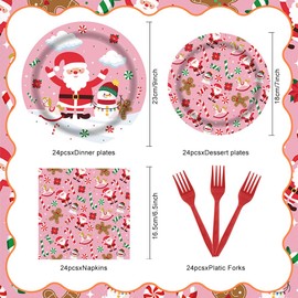 Tcoyodw Christmas Gingerbread Man Santa Claus Pink Tableware Set 96 Pcs Disposable Plates Napkins Forks Candy Cane Snowman Pattern Santa Merry Christmas Party Decorations Serve 24 Guests