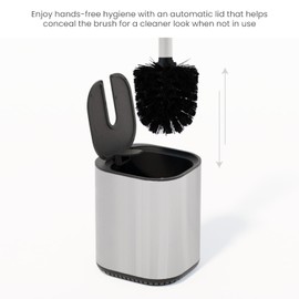 Home Zone Living Toilet Brush with Automatic Lid and Stainless Steel Handle, Compact Bathroom Cleaning Tool