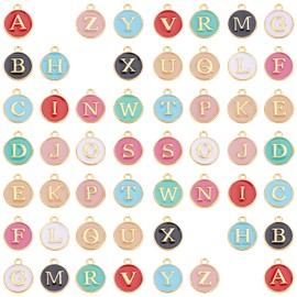 SUNNYCLUE 52 Mixed Colors Enamel Initial Alphabet Charm Necklace Pendant Letter Parts Earrings Letter Charm Choker Bracelet 26 Letter Set A-Z Pattern Alloy Pendant Round Metal Charm Parts Accessory Parts Macaron Base Parts Jewelry Making Decor Kit Craft 
