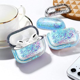 UnnFiko Bling Quicksand Case Compatible with AirPods 3, Cute Sparkle Liquid Protective Case, Funny Creative Hard Clear Airpods Cover with Keychain (New AirPods 3, Blue)