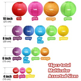 16pcs Colorful Paper Lanterns Multi-Size Hanging Ball Lanterns for Birthday Wedding Bridal Baby Shower Home Office Classroom Outdoor Indoor Party Decoration (Size of 4”, 6”, 8”, 10”)