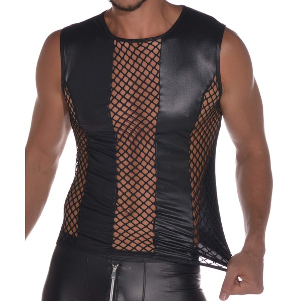Mens Latex Like 0/0 Sleeve Top with Mesh Inserts Wide Knit, Black
