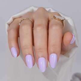 S.T. Friends Press On Nails - Soft Gel Light Purple Fake Nails, Gel Finish Short Pointed Almond Shape, Reusable Semi-Transparent Nails in 16 Sizes - 32 Nail Kit with Glue