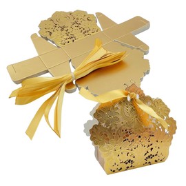 ONEBO 25 Pcs 7 * 3.5 * 3.5cm Square Paper Boxes with Ribbon,Candy Treat Box,Wedding Favour Boxes,DIY Party Favor Gift Boxes,for Wedding Shower Christening Holy Communion(Gold)