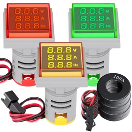 DROK AC Volt Amp Frequency Tester, 3pcs AC 60-500V 100A Voltage Current Monitor Digital LED Display Voltmeter 110v 220v Volt Detetor Green Red Yellow Signal Indicator Light Panel