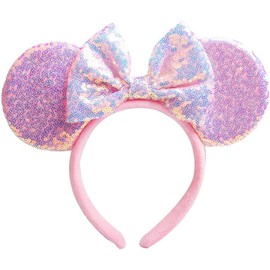 Unisex Mouse Ears Headbands With Bow & Snowflake & Sequins, for Cartoon Princess Costume Cosplay Decoration, Glitter Christmas Party for Girls & Women & Adult; FG1 (Soft Flannel Pink)
