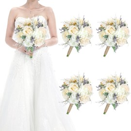HOMENERGY Set of 4 Wedding Bridesmaid Bouquets - 7 Inch Artificial Flowers Bouquets for Ceremony Anniversary Centerpieces Decorations - Beige