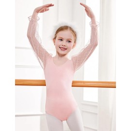 Zaclotre Dance Leotard for Girls Puff Long Sleeve Round Neck Pink Leotards for Girls Ballet