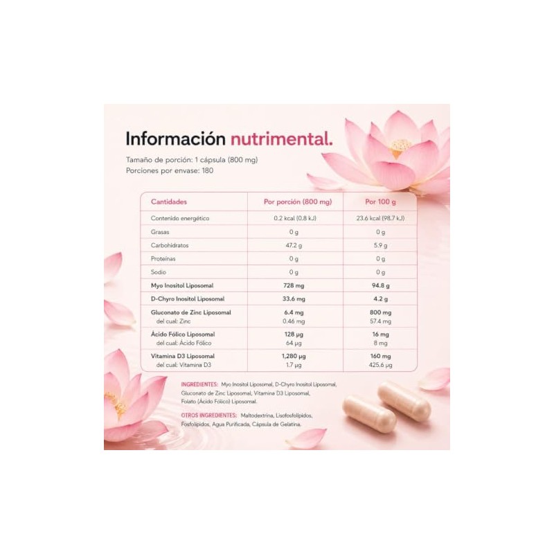 Inositol 180 Cápsulas Myo Chiro Zinc Ácido Fólico Vitamina Liposomales