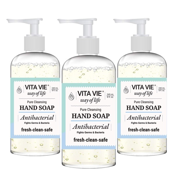 VITA VIE Hand Soap, 8 oz, 3-pack - Bulk Hand Cleansing Gel - Alcohol-free, Paraben-free, Sulfate-free, Cruelty-free - Made in America