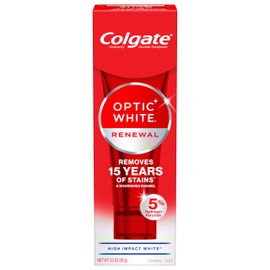 Colgate Optic White Renewal Teeth Whitening Toothpaste, Whitening Fluoride Toothpaste, Effectively Removes Tea, Coffee, and Wine Stains, Made with Hydrogen Peroxide, High Impact White, 3.0 oz