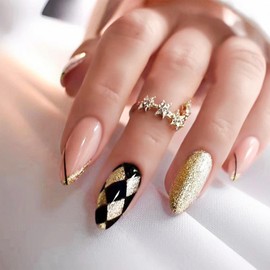 Gold Black Press on Nails Almond Glitter Fake Nails Stick On Nails (Style9)