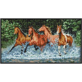 Aiorkeng Cross Stitch Kits Stamped Full Range of Embroidery Starter Kits for Adults Beginners DIY 11CT 3 Strands -Horses(Printed) 30.3×18.1inches