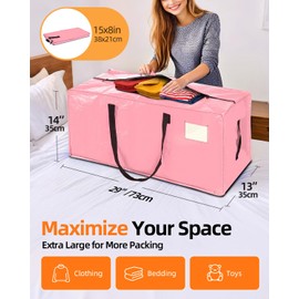 adeabag 12 Pack Extra Large Moving Bags, Heavy Duty Packing Bags with Zippers and Handles for Space Saving, Clothes Storage, College Essentials, Travel, Pink