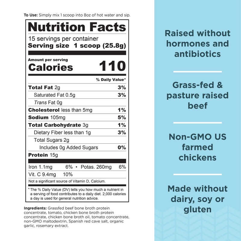 Ancient Nutrition Bone Broth Protein Powder, Tomato Basil, Grass-Fed Chicken