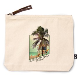 Lantern Press Huntington Beach, California, Lifeguard Shack and Palm, 100% Cotton Zipper Pouch, Travel Accessory, Go Bag