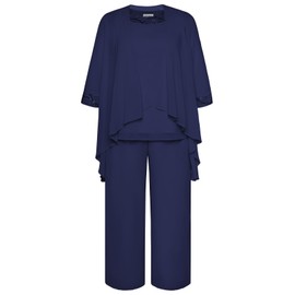 Hanna Nikole Women's Large Sizes Chiffon Evening Suit Sets Cocktail Party Festive Elegant 3-Piece Set Round Neck 3/4 Sleeves and High Waist Trouser Suit, navy