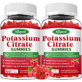 2-Pack Potassium Citrate Gummies 2000mg – Supports Muscle Health, Leg Cramp Relief & Electrolyte Balance, Vegan, Non-GMO, Gluten-Free, Tasty Raspberry Flavor, 120 Count
