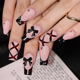 Noerrors Medium Long French Tip Press on Nails Goth Black French Fake Nails with Bow Charm Pearl Squoval Designs 3D Cute Red Gems False Nails Glossy Dark Style Glue on Nails Kit 34Pcs for DIY Nail Art