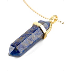 LAVISA Obelisk Gemstone Necklace Gold Pendant Real Crystal Chain Necklace Rose Quartz Amethyst Natural Stone, 55 + 5 cm, Stainless Steel