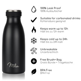 Milu Stainless Steel Drinking Bottle 350 ml, 500 ml, 750 ml, 1 L, 1.5 L - Thermos Flask for Children Adults Leak-Proof Insulated Flask Suitable for Carbonated Drinks - Includes Cleaning Brush (Black,