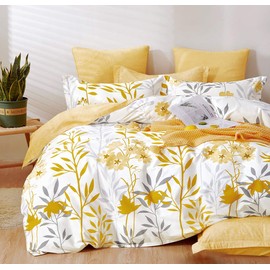 SLEEPBELLA Duvet Cover Queen Size, 600 Thread Count Cotton Grey Branches and Yellow Flower Reversible Comforter Cover(Queen, White Leaf)
