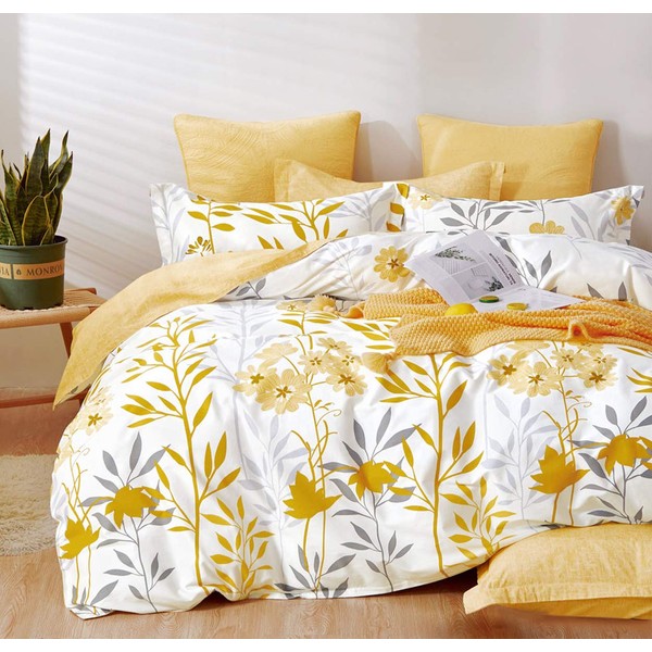 SLEEPBELLA Duvet Cover Queen Size, 600 Thread Count Cotton Grey Branches and Yellow Flower Reversible Comforter Cover(Queen, White Leaf)
