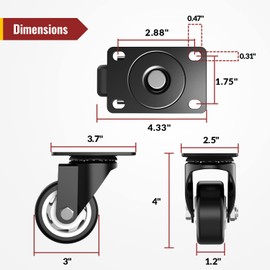 3 inch Swivel Caster Wheels, Heavy Duty Plate Casters with no Brakes Total Capacity 1000lbs (Pack of 4)
