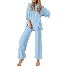 Ekouaer Lounge Sets for Women Short Sleeve Tops and Long Pants Soft Comfy Pajamas Set 2 Piece Outfits,Clear Blue,S