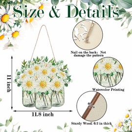 Threehoney Summer Door Sign Daisy Eucalyptus Leaves Door Decor Farmhouse Watercolor Wooden Wall Hanging Sign Hanger Retro Flower Welcome Sign for Front Door Outdoor Indoor Wall Decor