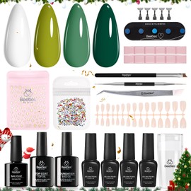 Beetles Christmas Gel Nail Polish Set Green Gel Polish White Beetles X DIY Nail with Base&Top Coat Stellar Blossoms French Nails Stickers for Party Gift Women