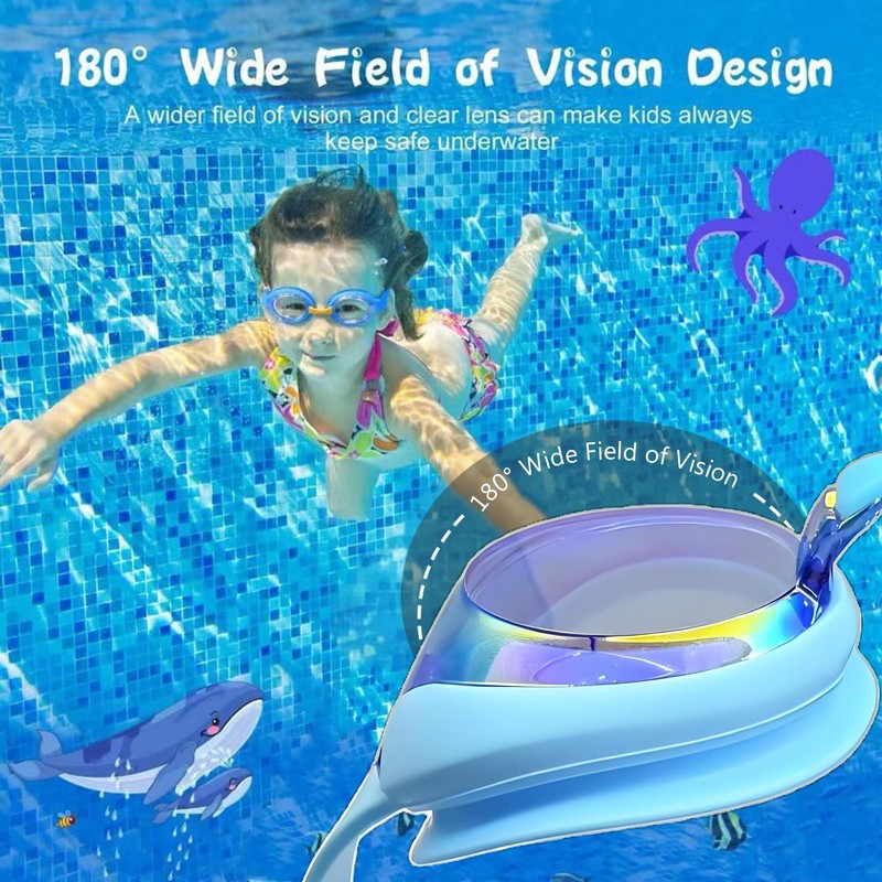 Rainbow Iridescent Swimming Goggles with Protective Case, Mirrored Lenses, Adjustable