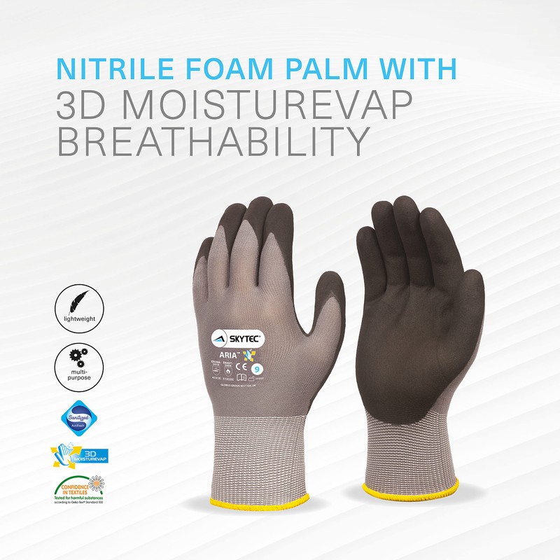 Skytec 1 Pack Aria Foam Grey Safety Work Gloves –