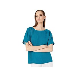 Eileen Fisher Organic Cotton Lofty Gauze Bateau Neck Boxy Top Jasper LG