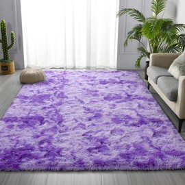 Deerhoo Soft Modern Shaggy Fluffy Carpets for Living Room Bedroom Girls Room Nursery Home Decor, 4 X 6 Tie-Dyed Plush Fuzzy Rugs, Indoor Carpet Shag Area Rug for Kids Room, Purple