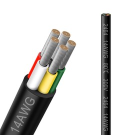 14 Gauge 5 Conductor Electrical Wire, 50FT 2464 14AWG 5 Wire Cable Black PVC Stranded Tinned Copper, 14/5 Cord Extension Low Voltage Cable