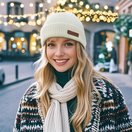 Clakllie Ribbed Knit Cap Acrylic Beanie Skull Caps Warm Winter Hats Knit Cuff Watch Stocking Hat for Outdoor Ski,White