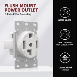 AIDA 30 Amp 3 Pole, 4 Wire 125/250 Volts 14-30R Grounding Heavy Duty Flush Mount Range Outlet Dryer Receptacle, UL Listed, Pack of 1, White, 030646