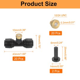 sourcing map 20Pcs Misting Nozzles Kit, 10/24 UNC 0.3mm Orifice Brass Mister Nozzle with Misting Nozzle Tees for 1/4 Inch PE PU Tubing for Outdoor Cooling System