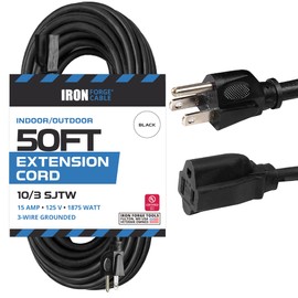 Iron Forge Cable 50 Foot Outdoor Extension Cord - 10/3 SJTW Black 10 Gauge Extension Cable with 3 Prong Grounded Plug for Safety, 15 AMP - Great for Garden and Major Appliances