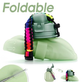 TakeToday 40 OZ Motivational Water Bottle with Straw and Paracord Handle 1.2L Silicone Sports Water Bottle with Time Marker(Green)