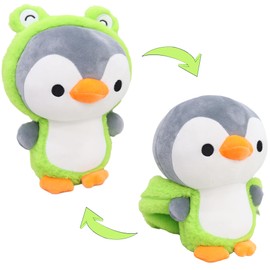CASAGOOD Fuzzy Penguin Stuffed Animal in Frog Costume Penguin Doll Dressed in Green Fluffy Froggy Outfit Plush Toys with Removable Hat Anime Gift for Kids and Lovers 10 Inch